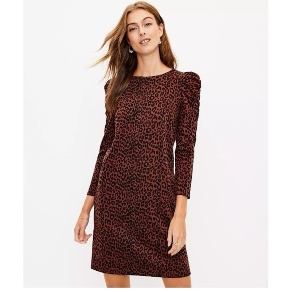 LOFT‎ Leopard Print Puff Ruched Sleeve Sheath Dress Brown